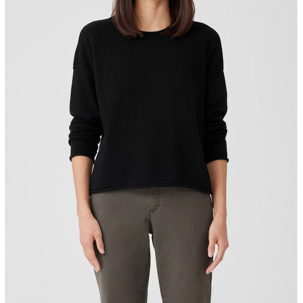 Eileen Fisher Black Peruvian Cotton Blend Crew Neck Sweater